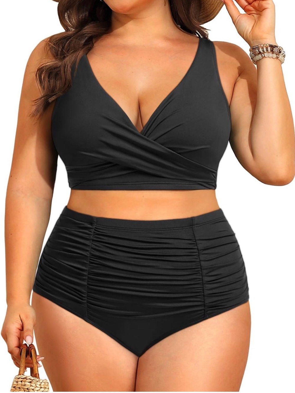 Plus Size Black Ruched High-Waist Bikini Set — Supportive Crossover Top